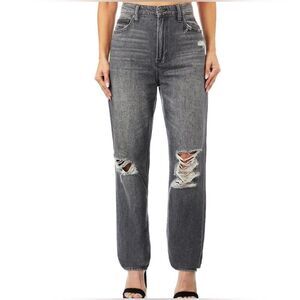 Hidden Zoey Mom Tapered Distressed Jeans in Gray size 28